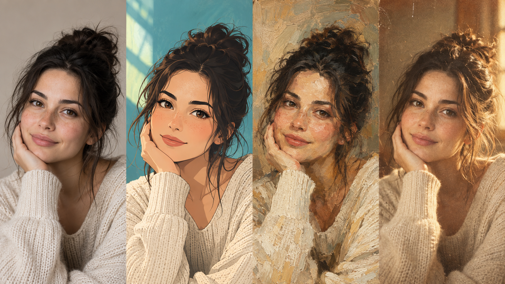 One portrait shown as a natural photograph, anime illustration, oil painting, and vintage film image