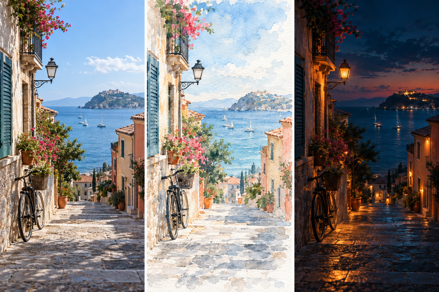 A coastal street photo compared as a natural photograph, watercolor illustration, and cinematic night image