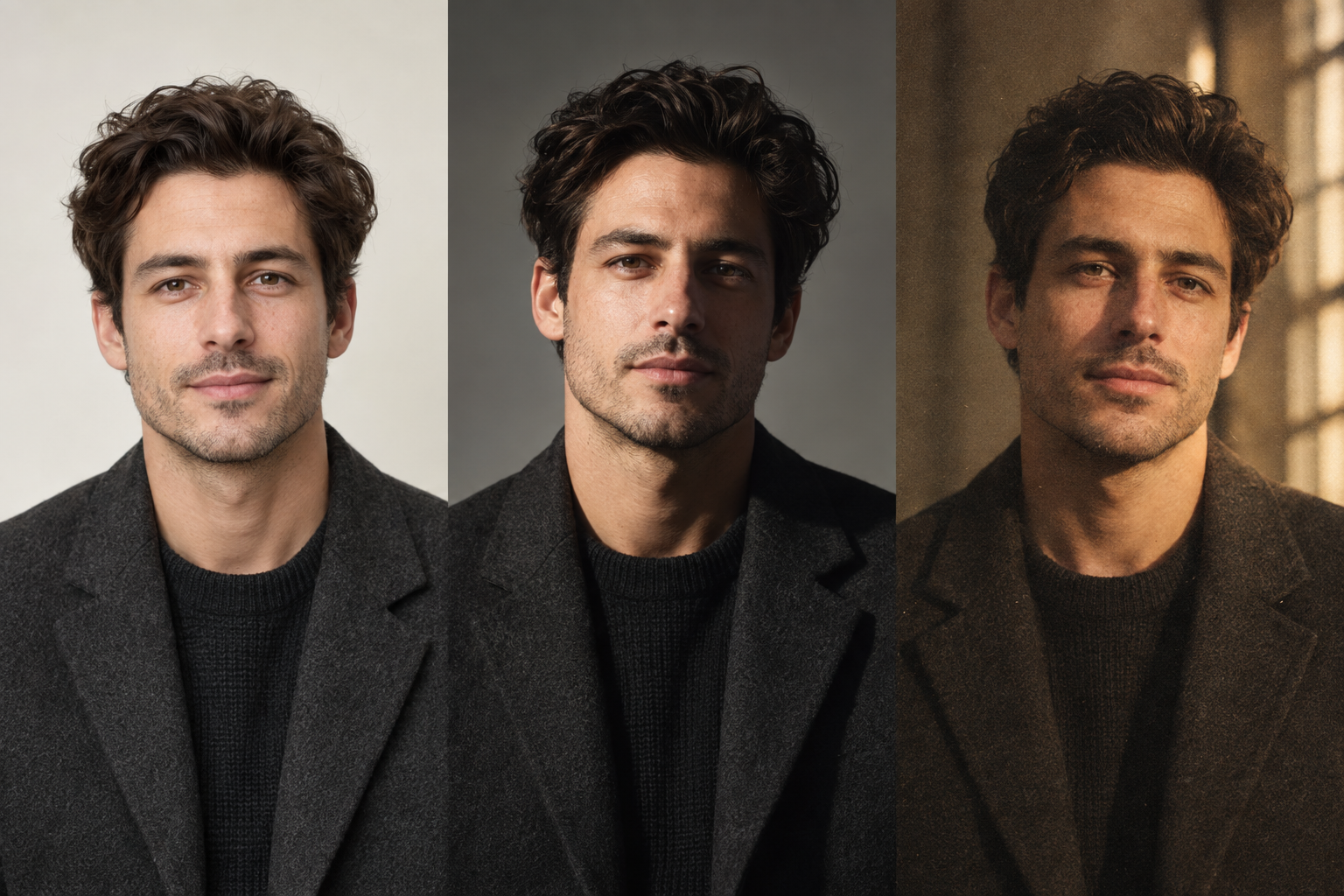 The same portrait presented as a natural headshot, editorial fashion portrait, and analog film portrait