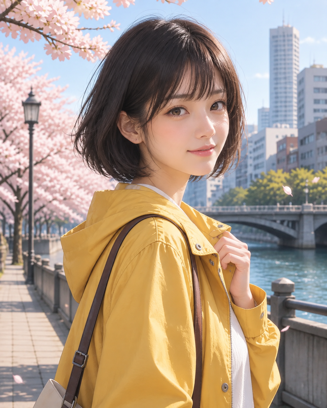 Original portrait photo of a woman in a yellow jacket beside a river