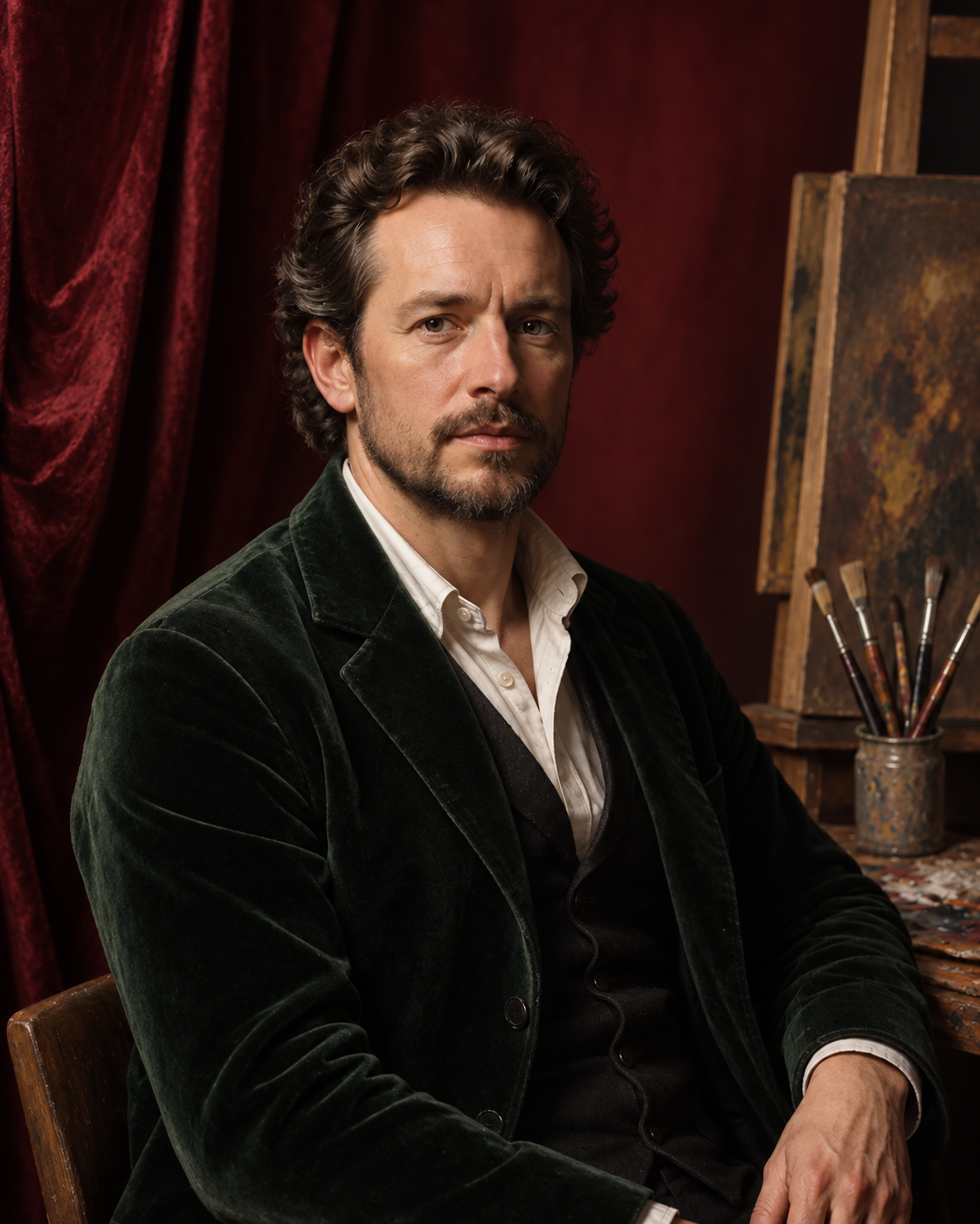 Original studio portrait photo of a man in a dark green jacket
