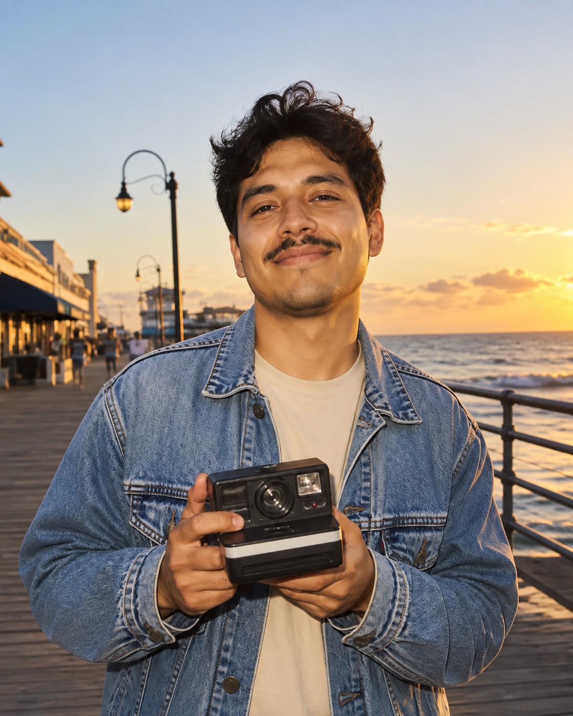Original digital waterfront portrait of a man holding an instant camera